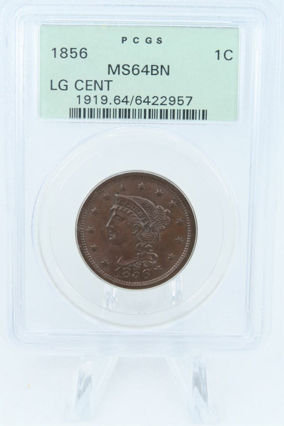 1856-P PCGS MS64BN Upright 5 Braided Hair Cent Business Strike 1C