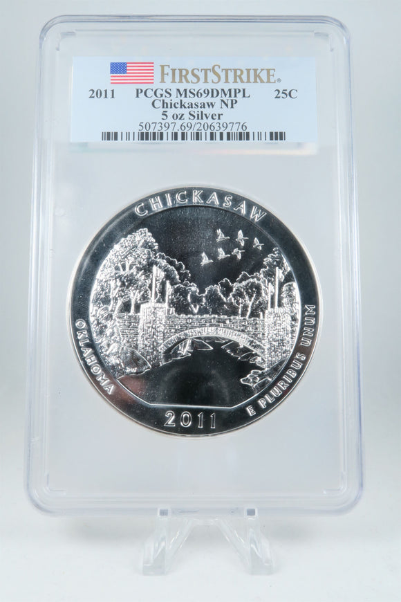 2011-P PCGS MS69DMPL Chickasaw NP 5 Oz Silver Coin 25C